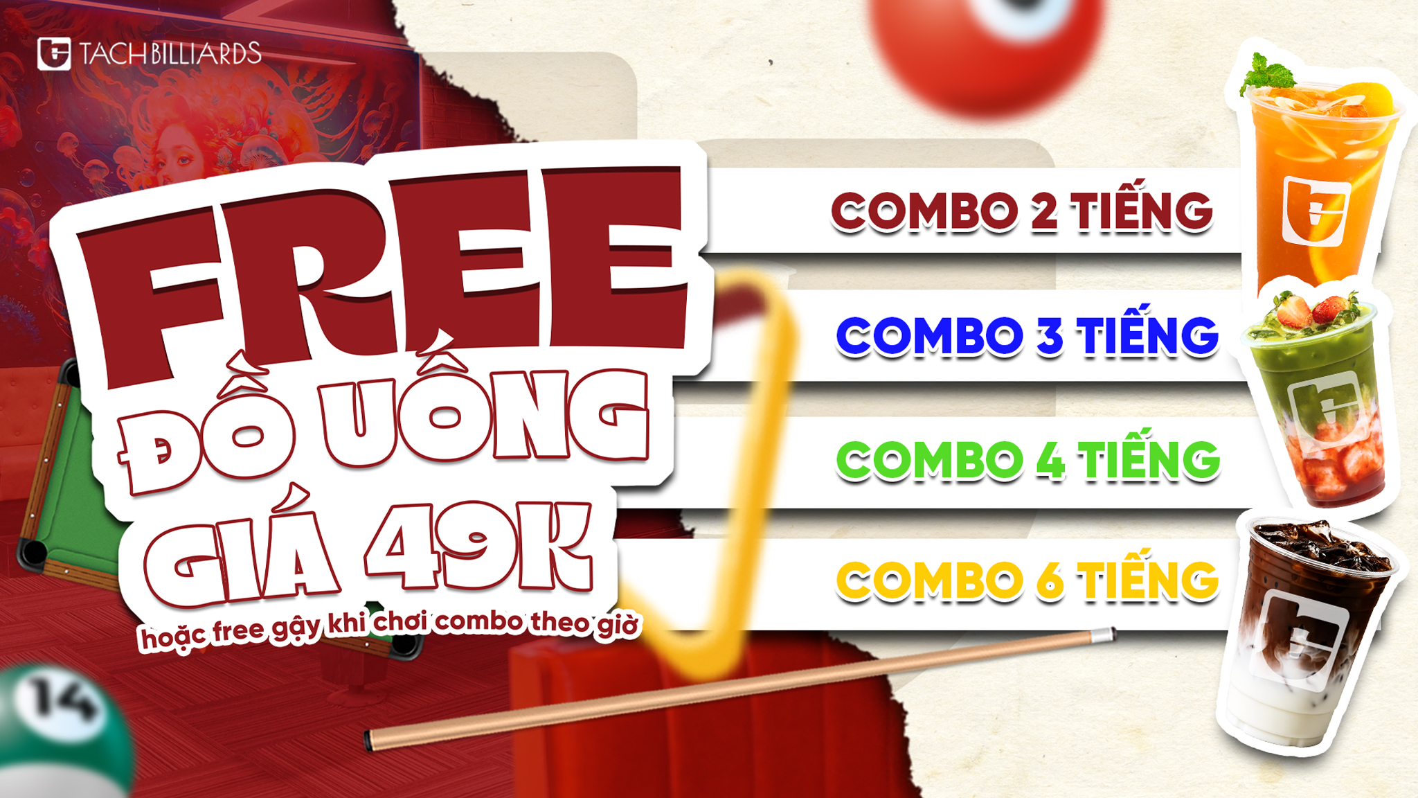 Tặng Free đồ uống giá 49K, khi chơi Billiards theo Combo
